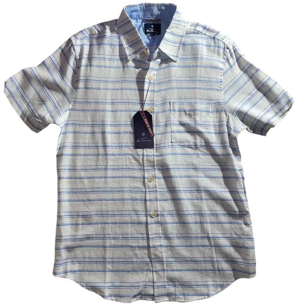 Ben Sherman white and blue linen blend short sleeve button down shirt sz S